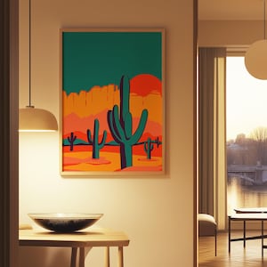 Decorazione murale del deserto - Illustrazione di un paesaggio caldo e bohémien, con cactus, parco nazionale di Saguaro, Tucson, Arizona, natura del sud-ovest, arredamento per il soggiorno
