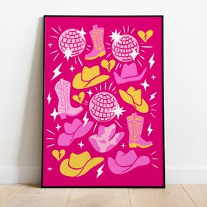 Disco Cowgirl Art Print - Yellow Pink Disco Ball Decor Barbiecore Y2k Room Decor Girly Feminine Eclectic Maximalism Long Live Cowgirls