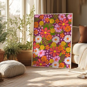 70er Jahre Blumendruck - Retro Wildblumen Wand Kunst Pink und Orange Maximalist Eclectic Floral 70s Boho Dekor Boho 1970s poster Funky Flowers