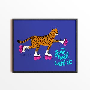 Roller Skating Cheetah Print - Gender Neutral Nursery Quirky Eclectic Maximalist Funky Artwork Cheetah Decor Kids Roller Skate Illustration