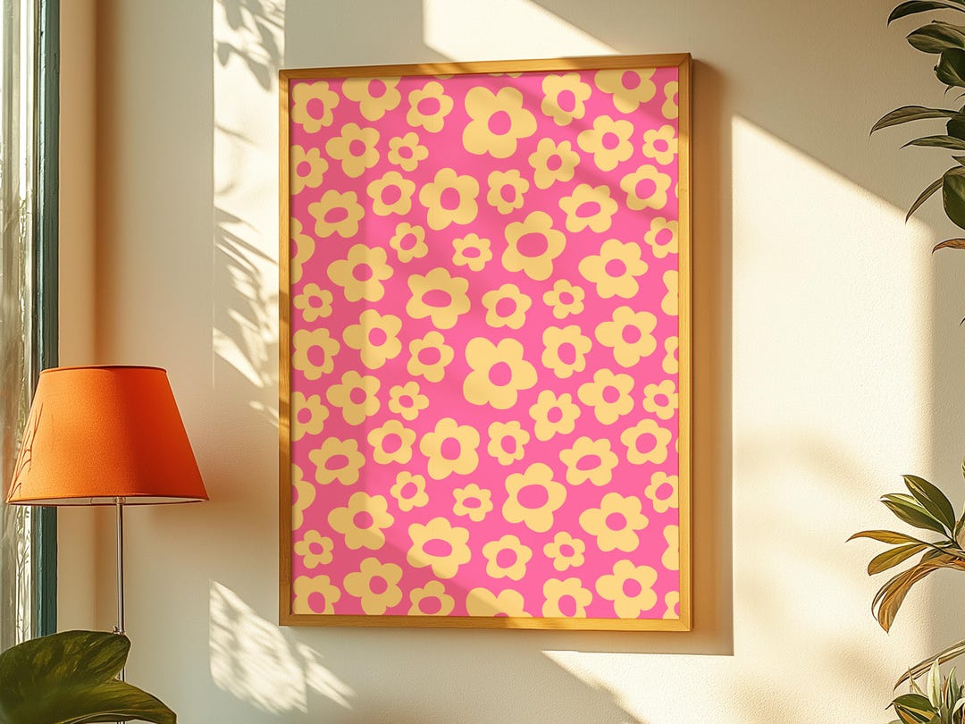Retro Flower Power Print – Pink & Yellow Floral Wall Art - Etsy