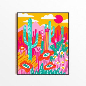 Maximalistische Wüsten-Wandkunst - Lebendige Boho-Warm-Landschaft, rosa und orange Kaktus-Sukkulenten-Poster vielseitige südwestliche Saguaro-Kunst