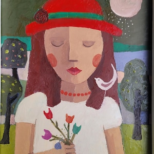 May include: An oil painting of a person with closed eyes wearing a red hat with a green band and a white dress. The person is holding a bouquet of colorful flowers. A small white bird is perched near the person's shoulder. The background features trees and a pink moon.