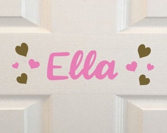 Kids Room Name Decal, Personalized Kids Door Sign, Wall Decal, Girl Door Name, Gold Heart Decal, Custom Decal, Hearts Decal, Kids Door Sign