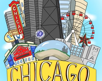 May include: A colorful illustration of Chicago landmarks, including the Wrigley Field sign, the Chicago River, the Ferris wheel, and the Museum of Contemporary Art. The text "CHICAGO" is written in a yellow arch above the landmarks.