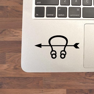 May include: Black and white sticker of an arrow with a loop on top. The arrow is pointing to the right. The loop has two circles on the bottom.