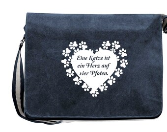 College Vintage Tasche in Schwarz oder Blau - Motiv: Eine Katze ist ein Herz auf vier Pfoten