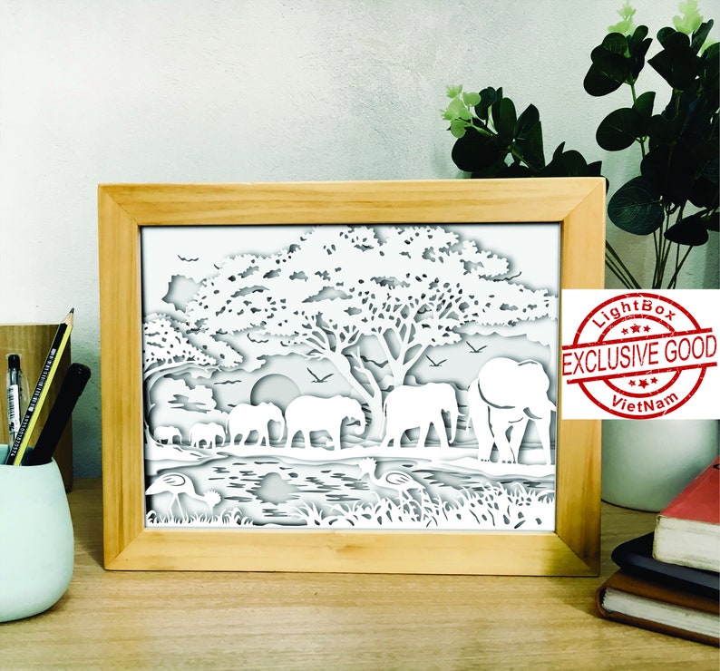 Download Light Box Elephants Family 3d Paper Cut Light Box Template Svg Files Elephants Family Template Paper