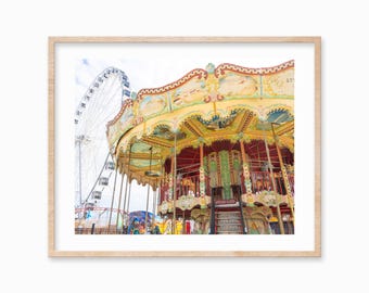 Carnival Carousel Ferris Wheel Print, Whimsical Amusement Park Photography (Digital Print)