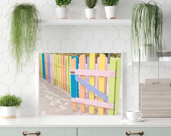 Foto della recinzione della spiaggia di Aruba: arte murale estiva color pastello (download digitale)
