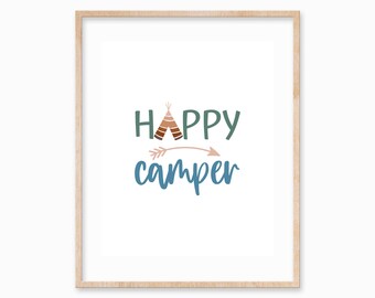 Happy Camper Boho Print, Printable Wall Decor, Camper Sign, RV Wall Art, Wall art, Poster, Digital Download, Gift, Glamping Print, Arrow