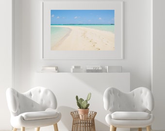Stampa fotografica della spiaggia delle Bahamas: impronte di banchi di sabbia, arte murale costiera (download digitale)