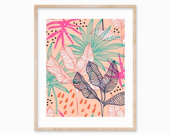 Stampa di foglie tropicali: fiori esotici, fogliame beige albicocca (download digitale)