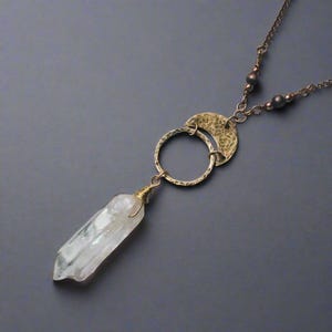 Handmade Quartz Crystal Necklace: Brass Crescent Moon Pendant