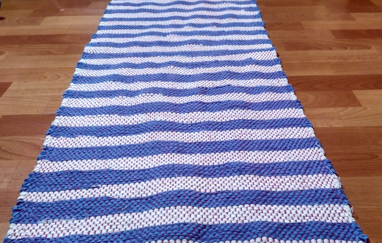 Hand Woven Rag Rug Recycled Cottons. Striped blue and white Etsy