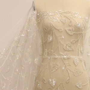 Silver Beaded Sequin Lace Fabric: 3D Floral Bridal Wedding Gown
