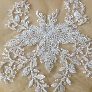 Light Ivory Beaded Bridal Lace Applique: Floral Bodice Piece