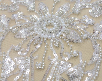 Heavy Beaded Lace Fabric: Off-White Pearl Couture Bridal Dress Lace