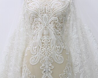 Off-White Beaded Embroidery Lace Fabric: Couture Bridal Dress Lace