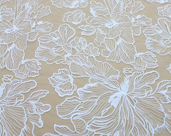 Off White Floral Embroidery Lace Fabric: Alencon Style, Bridal Wedding Dress Lace By The Yard