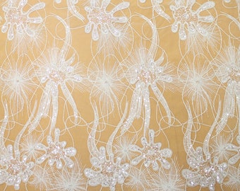 Beaded Wedding Lace Fabric: Heavy Embroidery, Silver Beads & Crystal Sequins