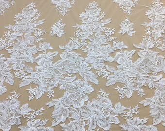 Beaded Bridal Lace Fabric: Off-White Flower Wedding Lace