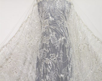 3D Beaded Couture Lace Fabric: Bridal Wedding Gown Veil Sequin Lace
