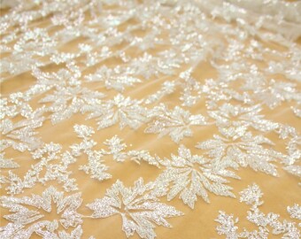 Beaded Flower Lace Fabric: Bridal Couture Sequins, Silver & Off-White (51 inch Width)