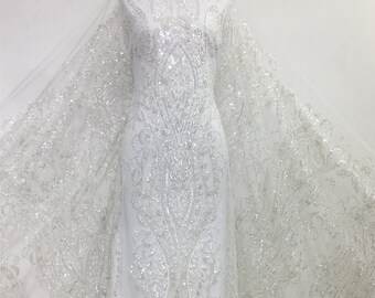 Beaded Pearls Lace Fabric, White Embroidery Sequins Tulle, Bridal Wedding Dress