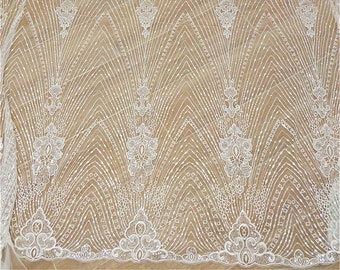 Tela de encaje bordado con lentejuelas color marfil: vestido de novia, 130 cm de ancho