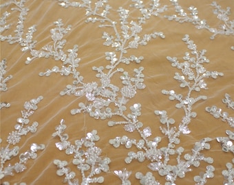 Heavy Beaded Flower Lace Fabric: Off-White Bridal Wedding Lace