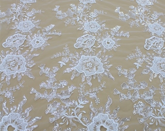 Beaded Floral Lace Fabric: Couture Bridal Embroidery, Sequins, 51" Wide