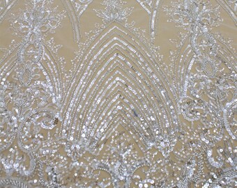 Silver Beaded Lace Fabric: Bridal Wedding Dress Material