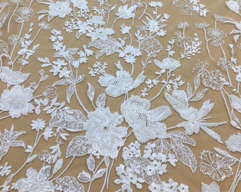 Heavy Embroidery Floral Beaded Lace: Retro Bridal Couture Fabric