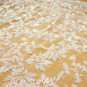 Beaded Flower Lace Fabric: Bridal Couture Sequins, Silver & Off-White (51 inch Width)