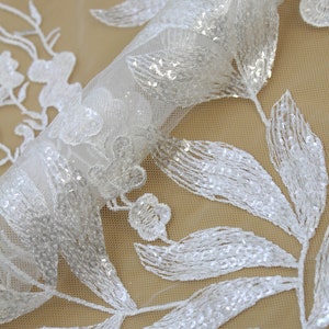 Embroidered Lace Wedding Dress Fabric: Off-White Floral Sequins