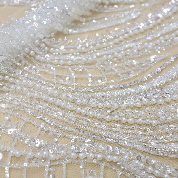 Luxury Beaded Embroidery Lace Fabric ,Heavy Pearls Couture Lace Fabric , Wedding Dress Lace Fabric ,Bridal Dress Lace Fabric , Designer Lace