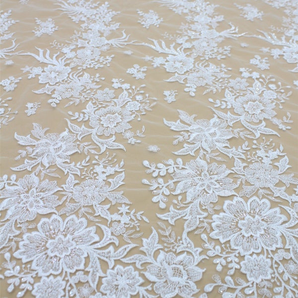 Beaded Embroidery Lace Fabric With Sequins Heavy Beading Bridal Lace Fabric 51 inches Width For Wedding Dress Couture Lace Fabric