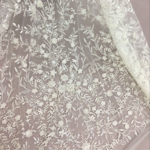 Beaded Flower Lace Fabric: Elegant Off-White Bridal Dress Material