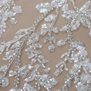 Silver Beaded Lace Fabric: Crystal Sequins Bridal Dress Lace
