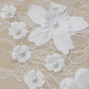 3D Flower Lace Fabric: Bridal Wedding Dress Organza Lace with Pearls
