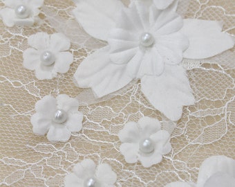 3D Flower Lace Fabric: Bridal Wedding Dress Organza Lace with Pearls