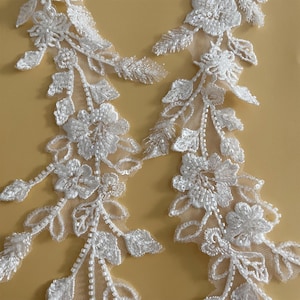 Ivory Beaded Floral Lace Applique - Bridal Bodice Embroidery (Pair)