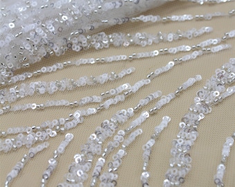 Off White Beaded Embroidery Lace Fabric: Bridal Couture, Striped Sequins - By The Yard