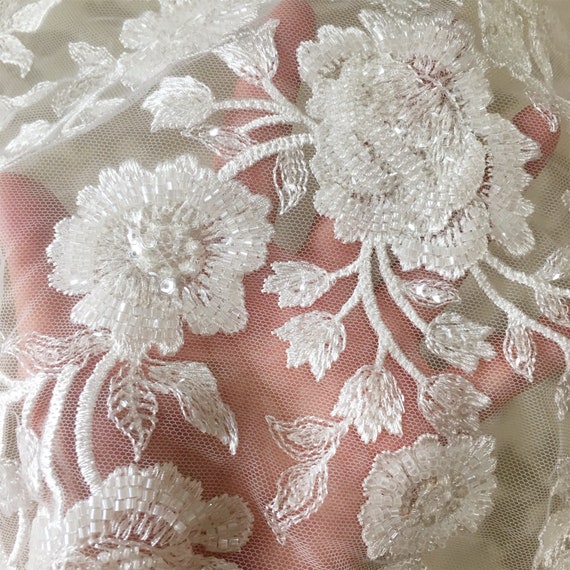 Beaded Floral Ivory Couture Lace Fabric by the Yard - OneYard