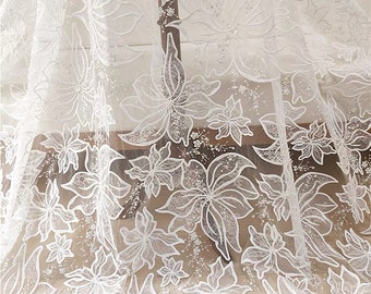 Beaded Floral Embroidery Lace Fabric: Off White Bridal Couture