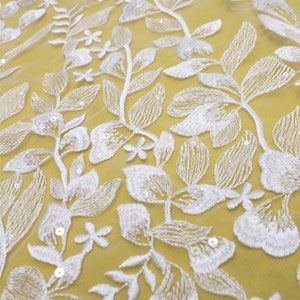 Sequin Floral Embroidery Lace Fabric: Off White Bridal Tulle (51 inches Width)