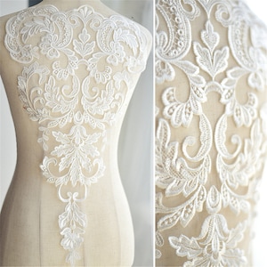 Floral Lace Applique: Off White Embroidery Motif, Bridal Gown Embellishment (20.8x12.6 inch)