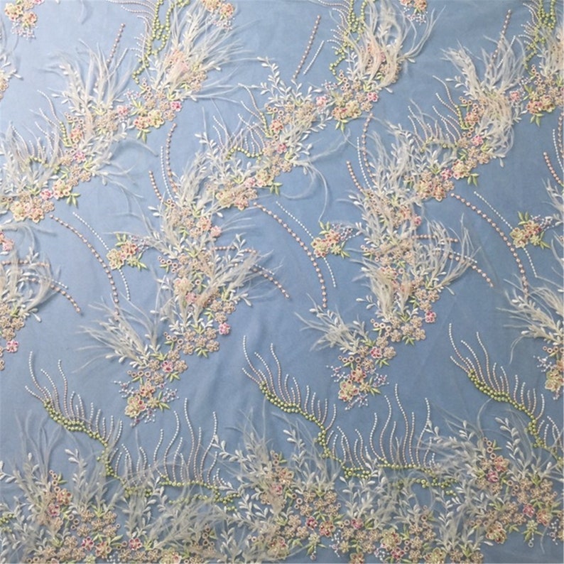 heavy hand made beaded gown dress lace fabric beading lace fabric weddingbridal dress lace fabric Beaded lace fabric with Ostrich feather