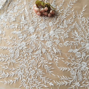 Beaded Sequin Lace Fabric: 3D Flower Embroidery, Off-White Bridal Gown Haute Couture
